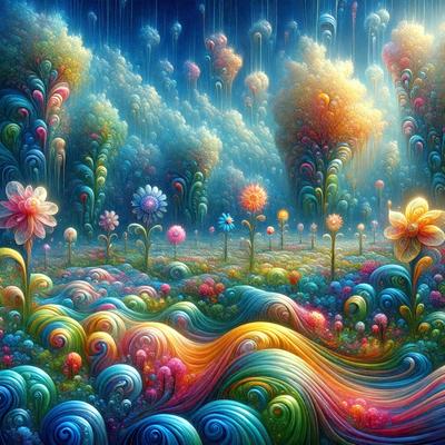 The primary subject of the image is a vibrant and colorful field of flowers. The setting is a lush, colorful garden with trees and flowers in the background. The visual style is a digital art or illustration, creating a whimsical and imaginative atmosphere. The colors and mood are predominantly bright and cheerful, with a sense of wonder and fantasy.
